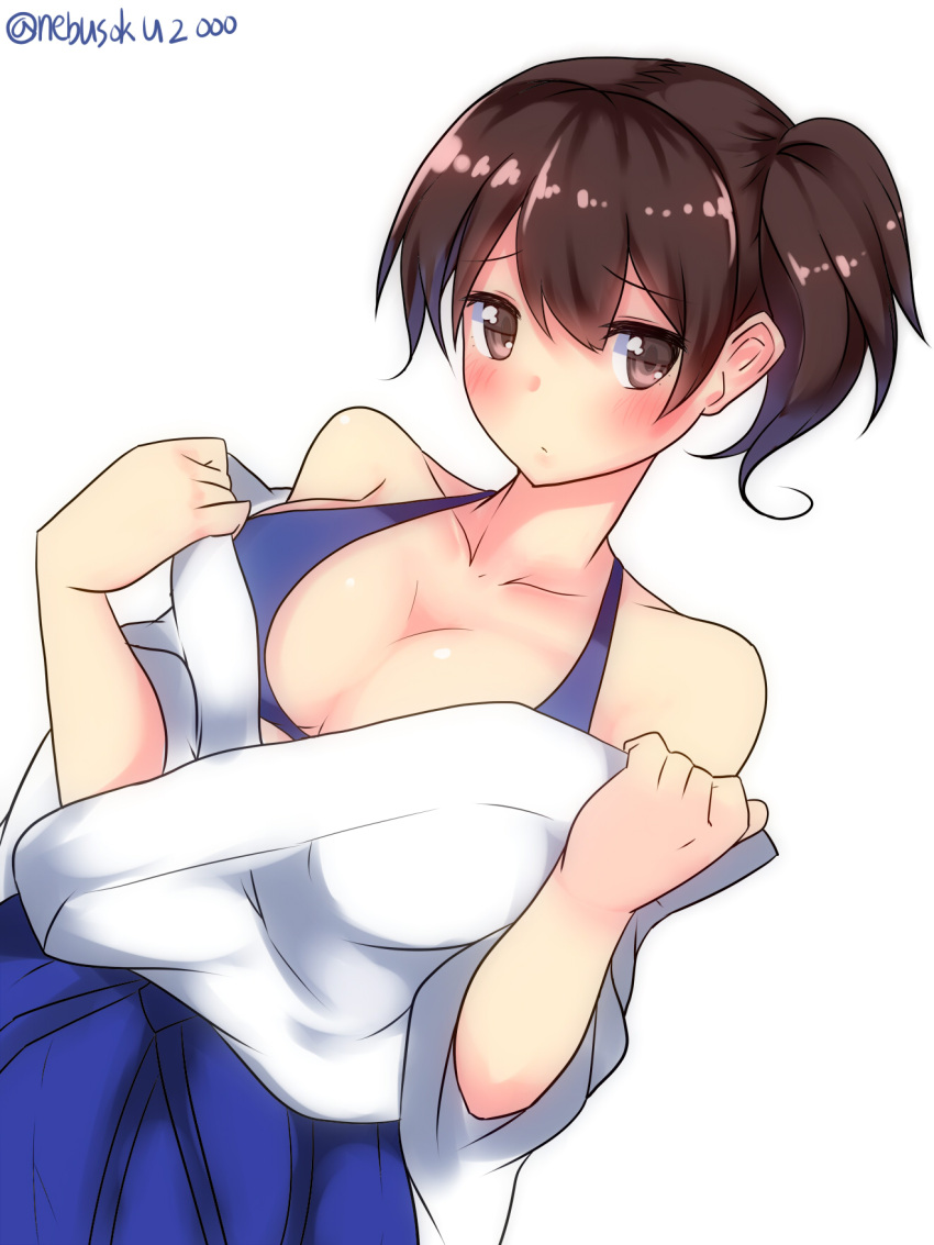 1girl, blush, breasts, brown_eyes, brown_hair, cleavage, collarbone, dutch_angle
