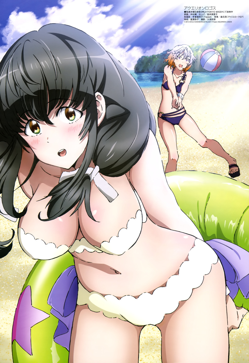 2girls, absurdres, aquarion_logos, ball, beach, beachball, bikini, black_hair