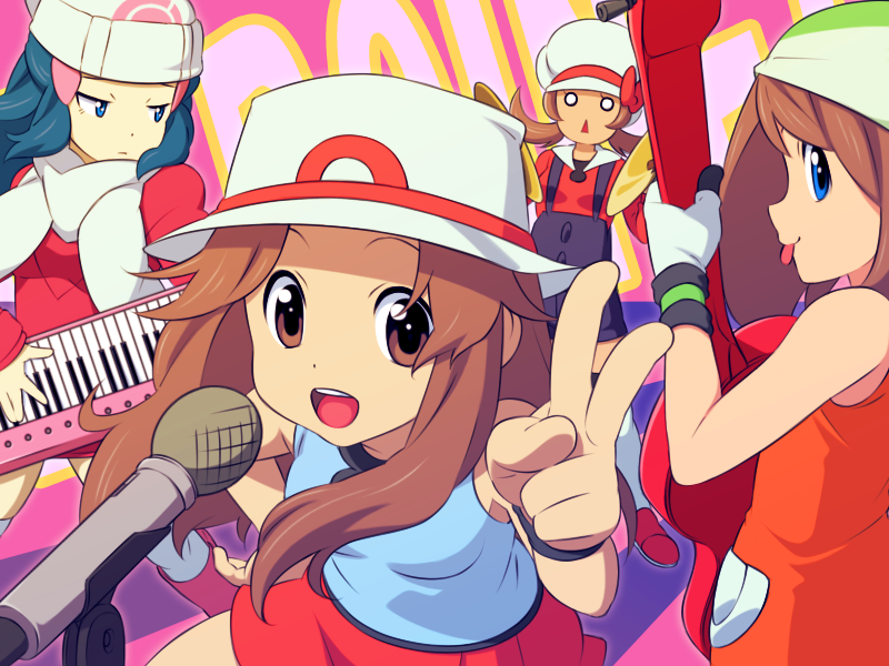 4girls, band, bandana, beanie, blue_(pokemon), cymbals, guitar, haruka_(pokemon), haruka_(pokemon)_(remake), hat, hat_ribbon, hikari_(pokemon), hikari_(pokemon)_(remake), instrument, keyboard_(instrument), kotone_(pokemon), leaf_(pokemon), microphone, microphone_stand, multiple_girls, parody, pokemon, pokemon_(game), pokemon_dppt, pokemon_frlg, pokemon_hgss, pokemon_rse, porkpie_hat, red_ribbon, ribbon, v, yagitori