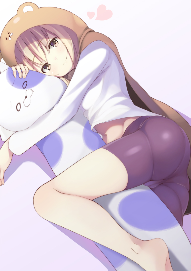 1girl, animal_costume, ass, barefoot, bike_shorts, blonde_hair, blush, body_pillow