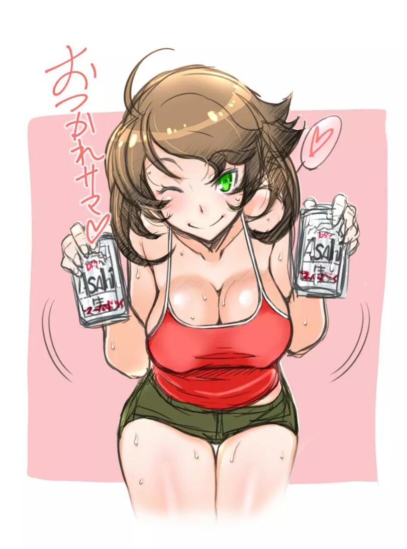 alcohol, beer, breasts, brown_hair, casual, cleavage, green_eyes, kantai_collection