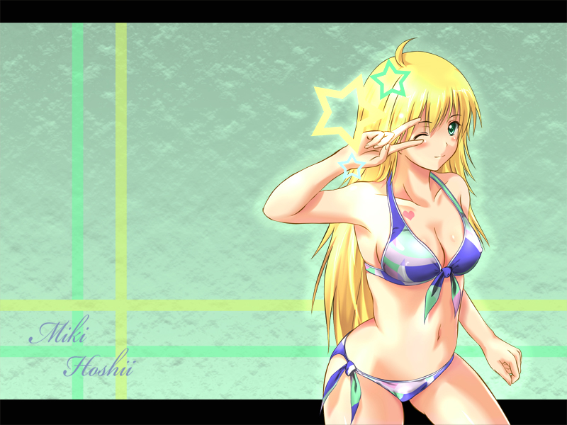 blonde_hair, blush, breasts, cleavage, front-tie_top, green_eyes, hoshii_miki, idolmaster