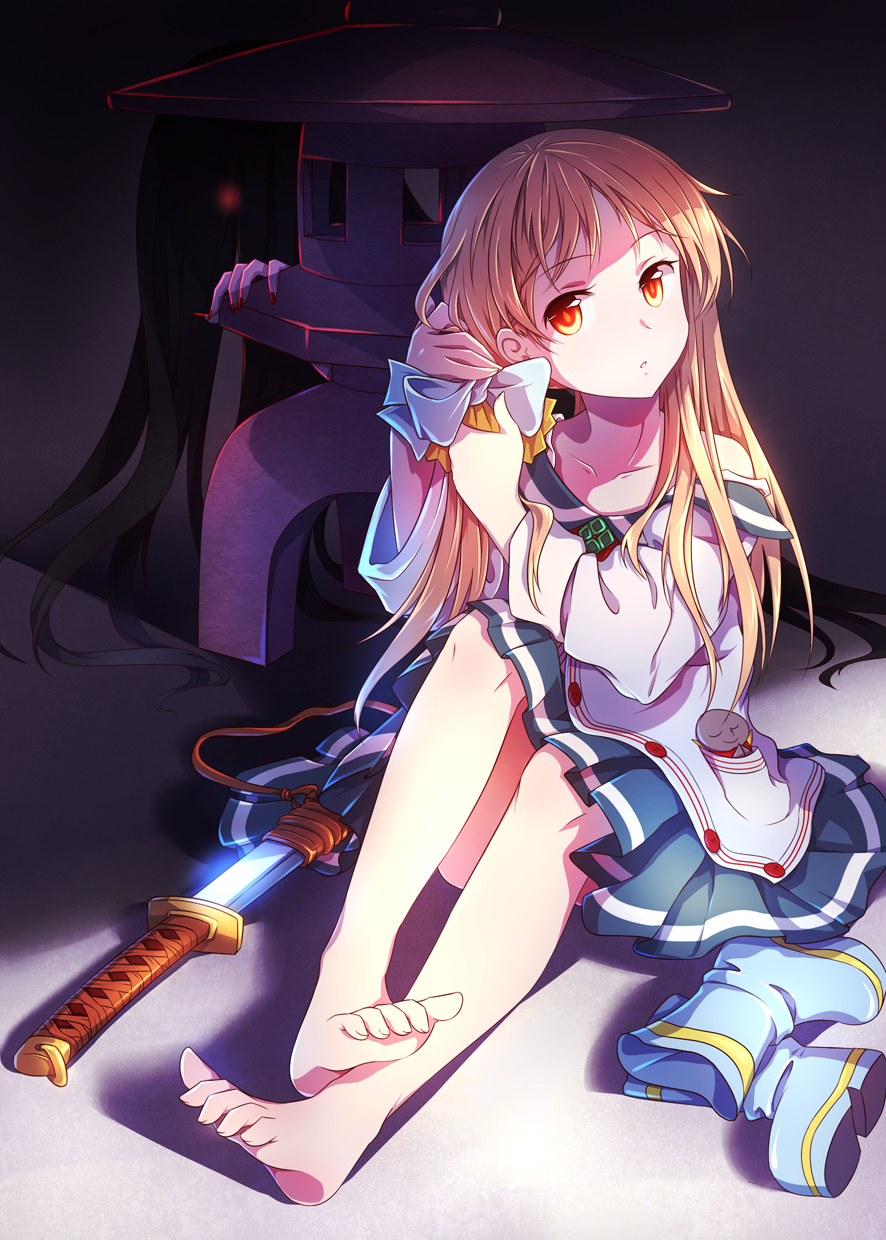 2girls, blonde_hair, highres, katana, long_hair, multiple_girls, orange_eyes, school_uniform