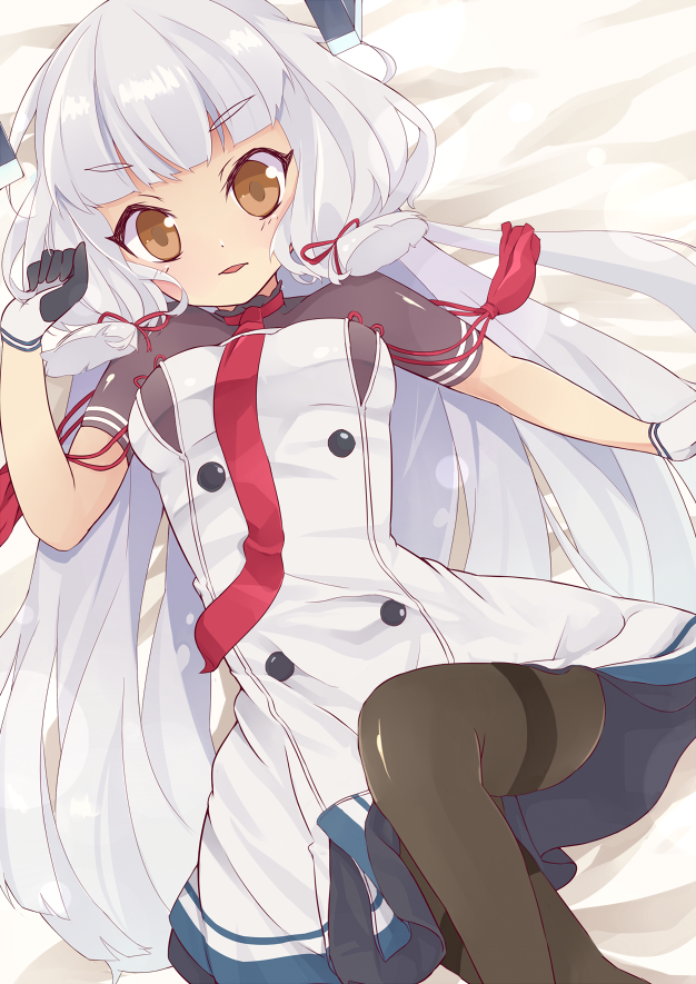 1girl, brown_eyes, gloves, hair_ribbon, headgear, kantai_collection, long_hair, lying