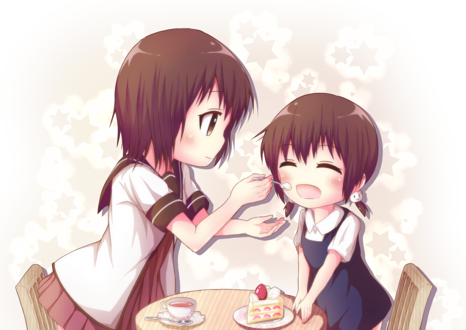 2girls, :d, ^_^, brown_eyes, brown_hair, cake, chair, closed_eyes