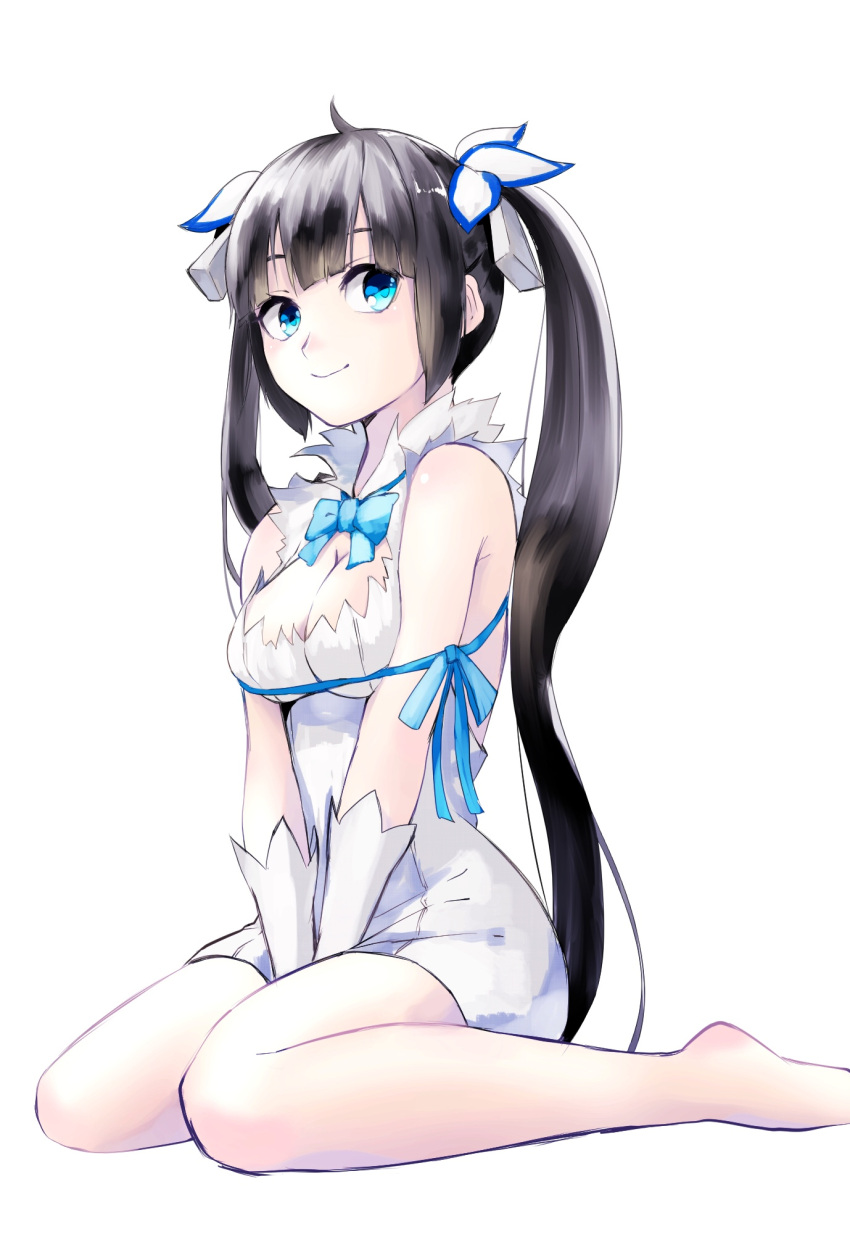 1girl, barefoot, black_hair, blue_eyes, breasts, cleavage, dungeon_ni_deai_wo_motomeru_no_wa_machigatteiru_darou_ka, gloves, greatpengh, hair_ribbon, hestia_(danmachi), highres, rei_no_himo, ribbon, simple_background, sitting, smile, solo, twintails, wariza, white_background, white_gloves