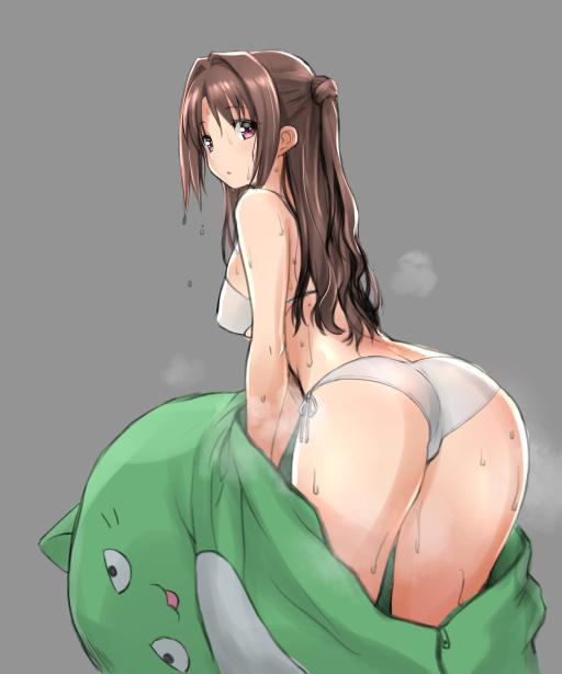 1girl, bikini, brown_eyes, brown_hair, costume, dripping, from_behind, granblue_fantasy, grey_background, hot, idolmaster, idolmaster_cinderella_girls, leaning_forward, long_hair, looking_back, one_side_up, qnakamura, shimamura_uzuki, side-tie_bikini, simple_background, solo, steam, sweat, sweating, sweating_profusely, swimsuit, undressing, wet, white_bikini, white_swimsuit