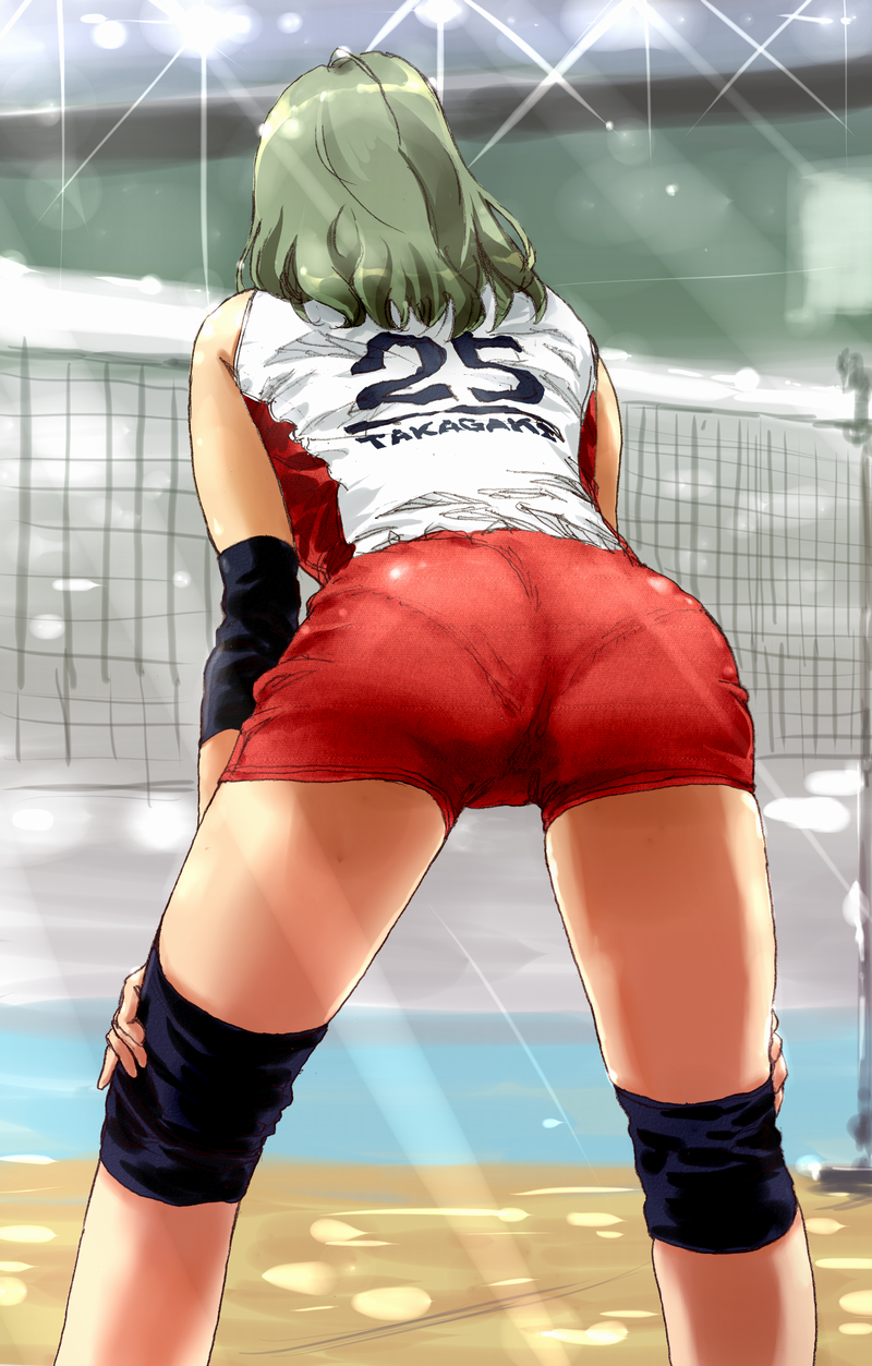 1girl, ass, brown_hair, clothes_writing, from_behind, haru_(primavera), highres, idolmaster