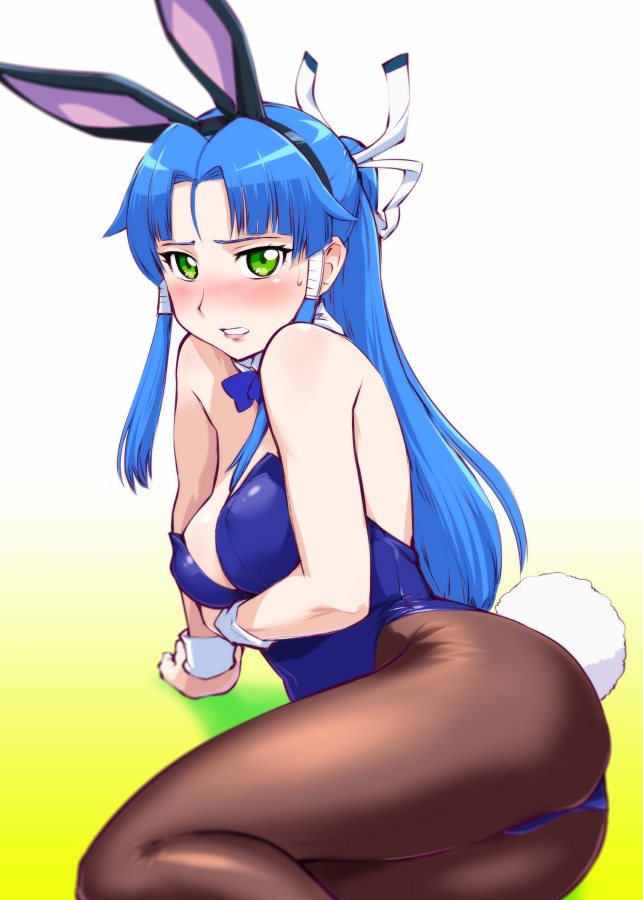 1girl, animal_ears, battle_spirits:_burning_soul, blue_hair, bowtie, bunny_tail, bunnysuit, detached_collar