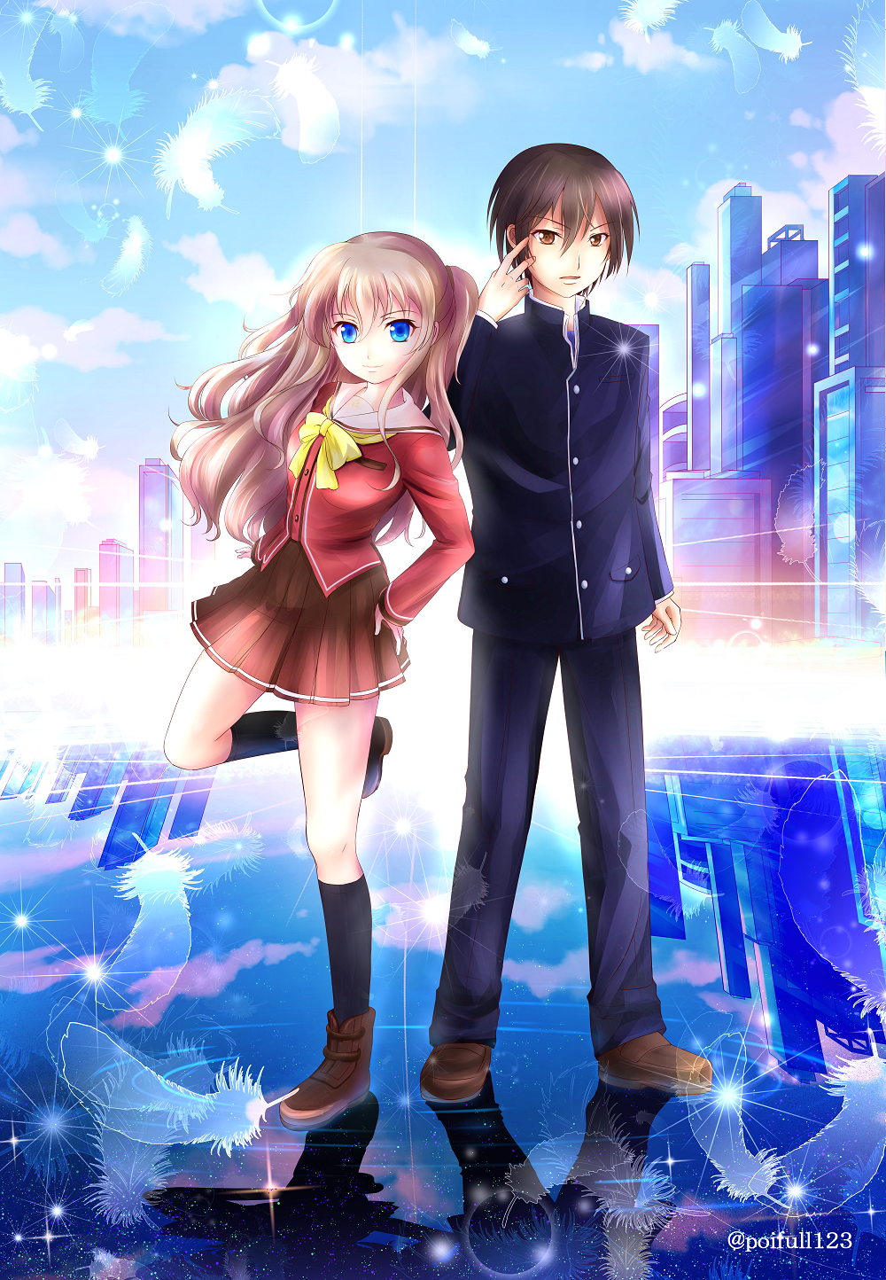 1boy, 1girl, black_hair, blue_eyes, brown_eyes, charlotte_(anime), highres, long_hair