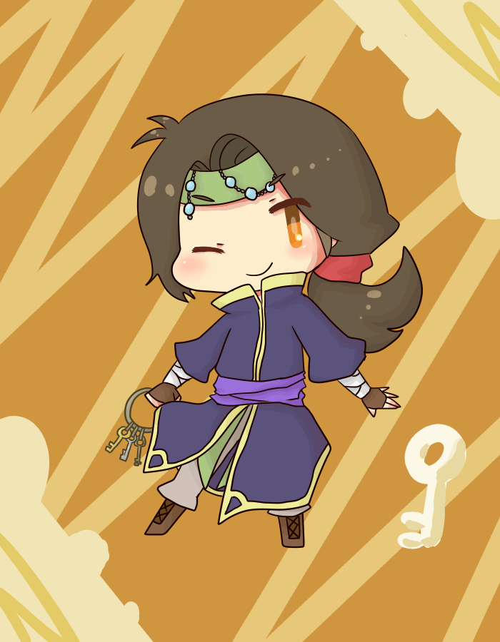 1boy, blush, boots, brown_hair, chibi, fire_emblem, fire_emblem:_seima_no_kouseki, key, long_hair, low_ponytail, one_eye_closed, orange_eyes, rennac, solo