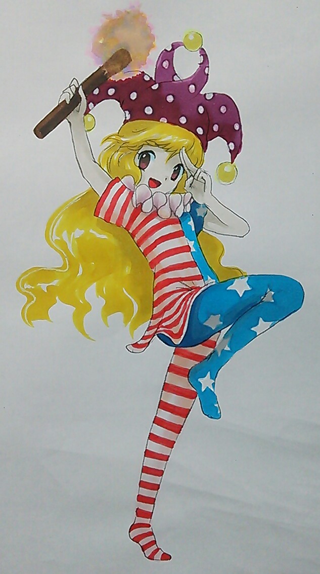 1girl, american_flag_legwear, american_flag_shirt, blonde_hair, clownpiece, hat, jester_cap, leg_up