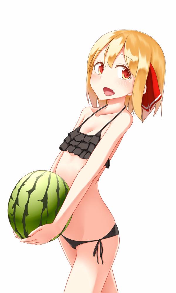 1girl, bikini, bikini_top, black_bikini, blonde_hair, blush, fang, food