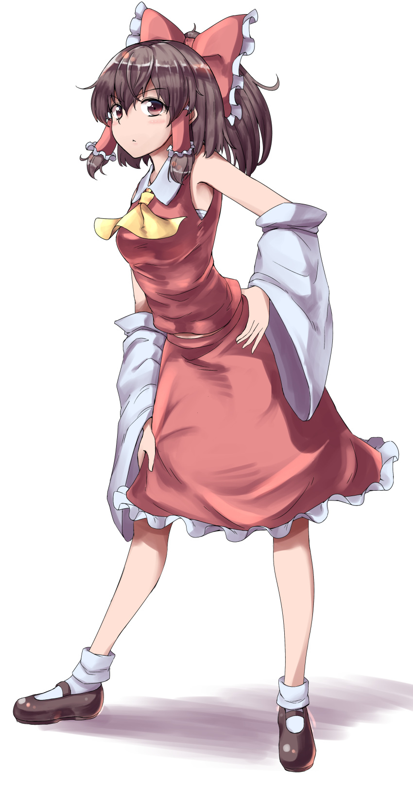 >:<, 1girl, absurdres, ascot, blush, bobby_socks, breasts, brown_hair