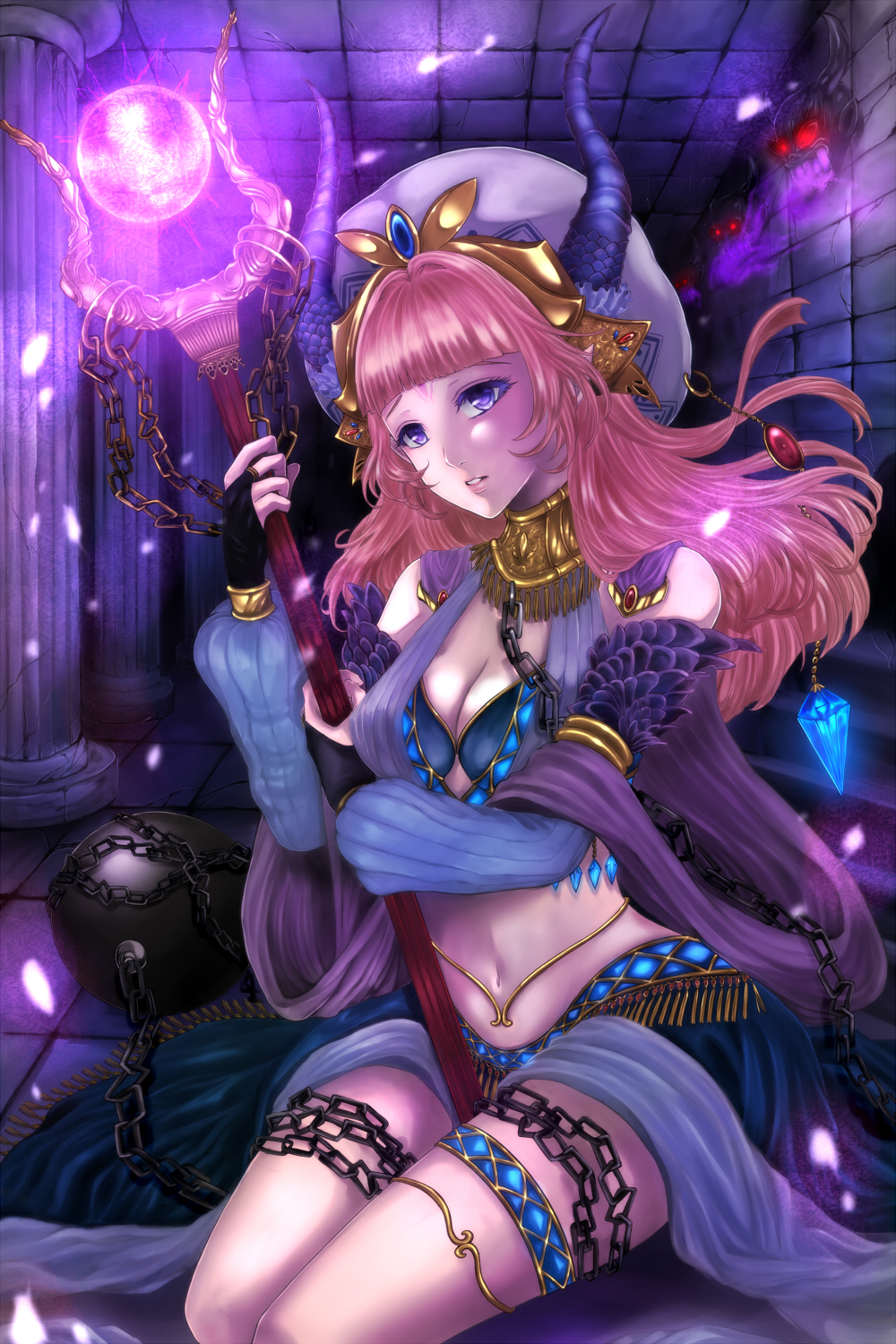 1girl, anklet, ball_and_chain, bangs, black_gloves, breasts, chain, chain_chronicle, cleavage, detached_sleeves, facial_mark, forehead_mark, gem, ginshima_jill, gloves, glowing, glowing_eyes, hat, highres, horns, jewelry, midriff, navel, original, pink_hair, sitting, solo, staff, violet_eyes