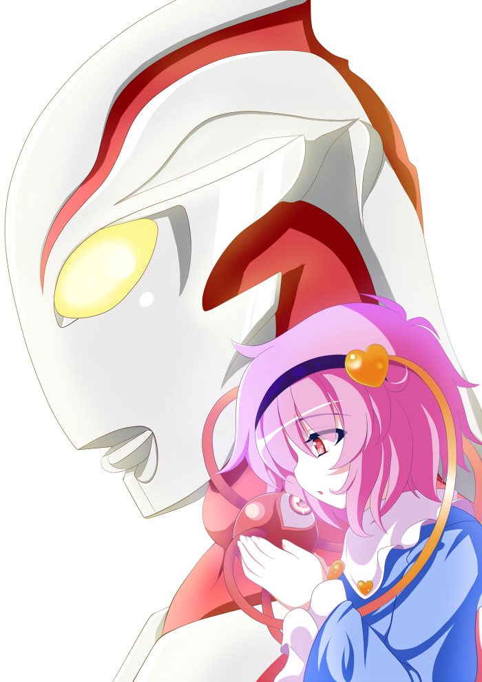 1boy, 1girl, :o, blue_dress, crossover, dress, eyeball, hairband