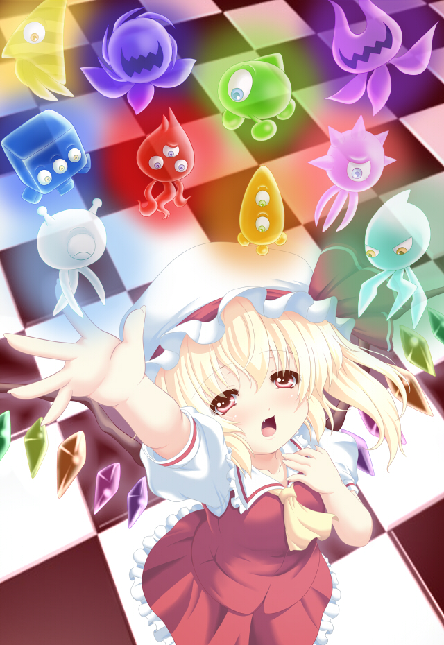 1girl, arm_up, blonde_hair, blush, checkered, checkered_floor, dress, fang