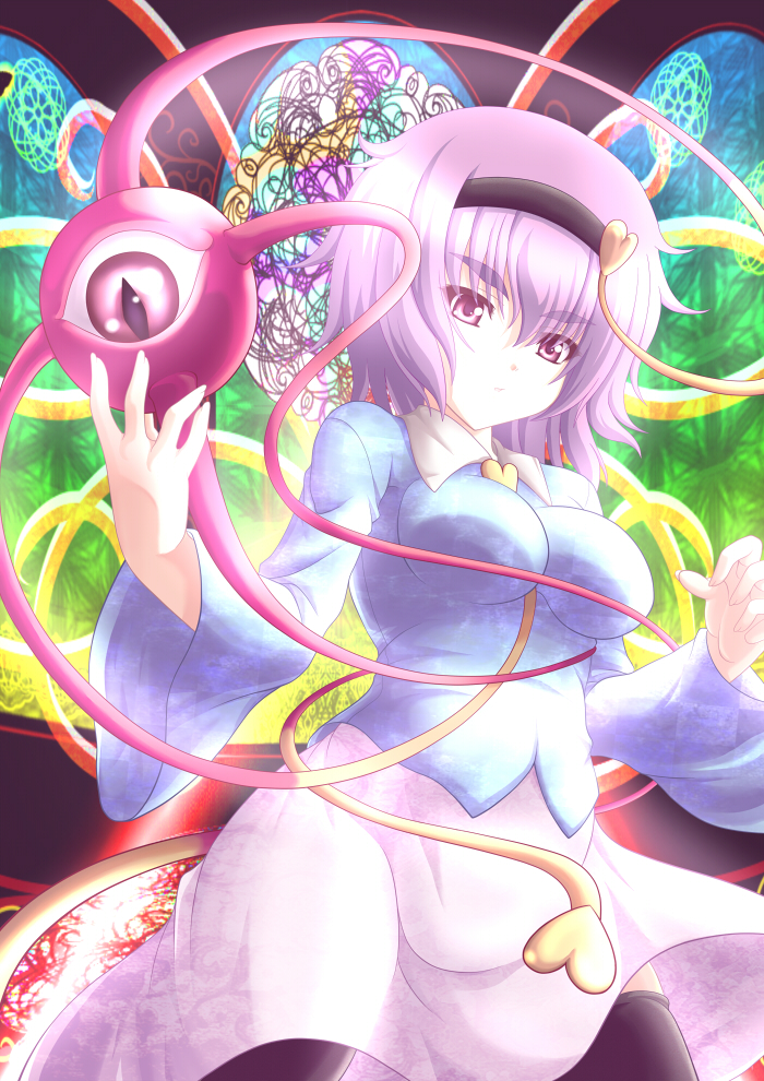 1girl, breasts, dress, eyeball, hairband, heart, komeiji_satori, looking_at_viewer