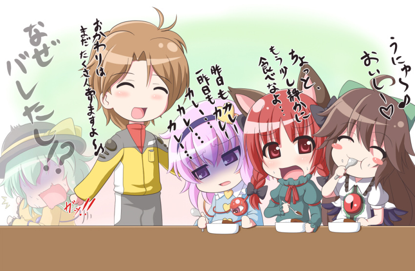 1boy, 4girls, blush, blush_stickers, bow, braid, chibi, crossover