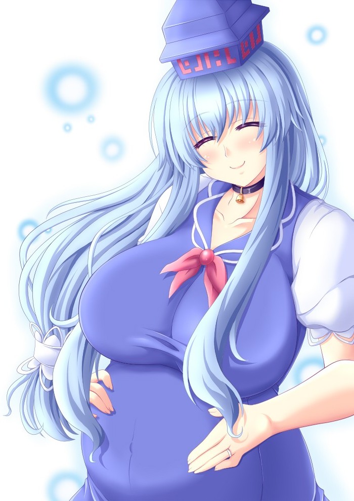 1girl, ^_^, blue_hair, blush, bow, breasts, choker, closed_eyes, dress, hair_tubes, hand_on_own_stomach, happy, hat, kamishirasawa_keine, large_breasts, long_hair, pregnant, sidelocks, smile, solo, touhou, wontam