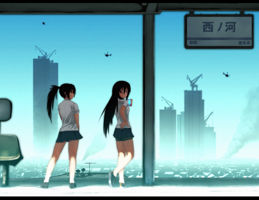 2girls, ah-64, amano_shinobu, amano_tsubaki, bike_shorts, black_hair, building, commentary