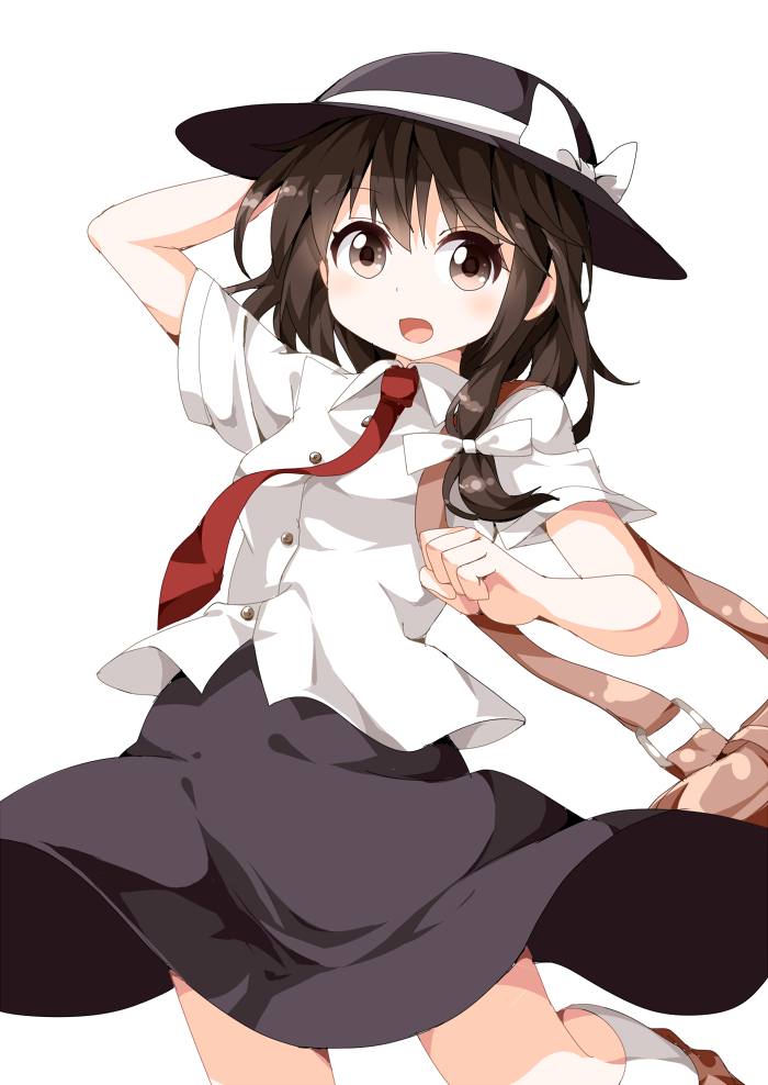 1girl, bag, brown_eyes, brown_hair, folded_leg, hair_ribbon, hand_behind_head, handbag