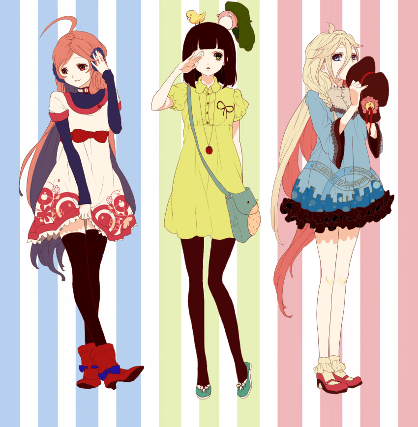3girls, ahoge, animal_on_head, bag, bangs, bird, bird_on_head, black_hair, black_legwear, blonde_hair, blue_eyes, blunt_bangs, bow, braid, choker, dress, dress_lift, earmuffs, green_eyes, hand_on_earmuffs, hand_on_headphones, hat, headphones, high_heels, highres, ia_(vocaloid), ladybug, long_hair, looking_at_viewer, looking_away, massuru, multiple_girls, pantyhose, red_eyes, redhead, sf-a2_miki, striped, striped_background, thigh-highs, very_long_hair, vocaloid, watch, zettai_ryouiki