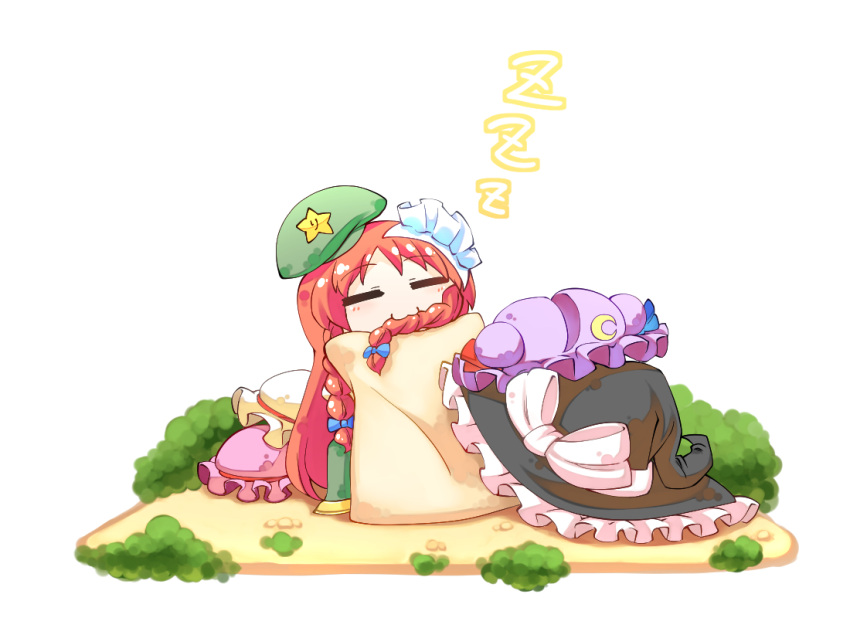 1girl, :3, biting_hair, bow, braid, closed_eyes, crescent, flandre_scarlet