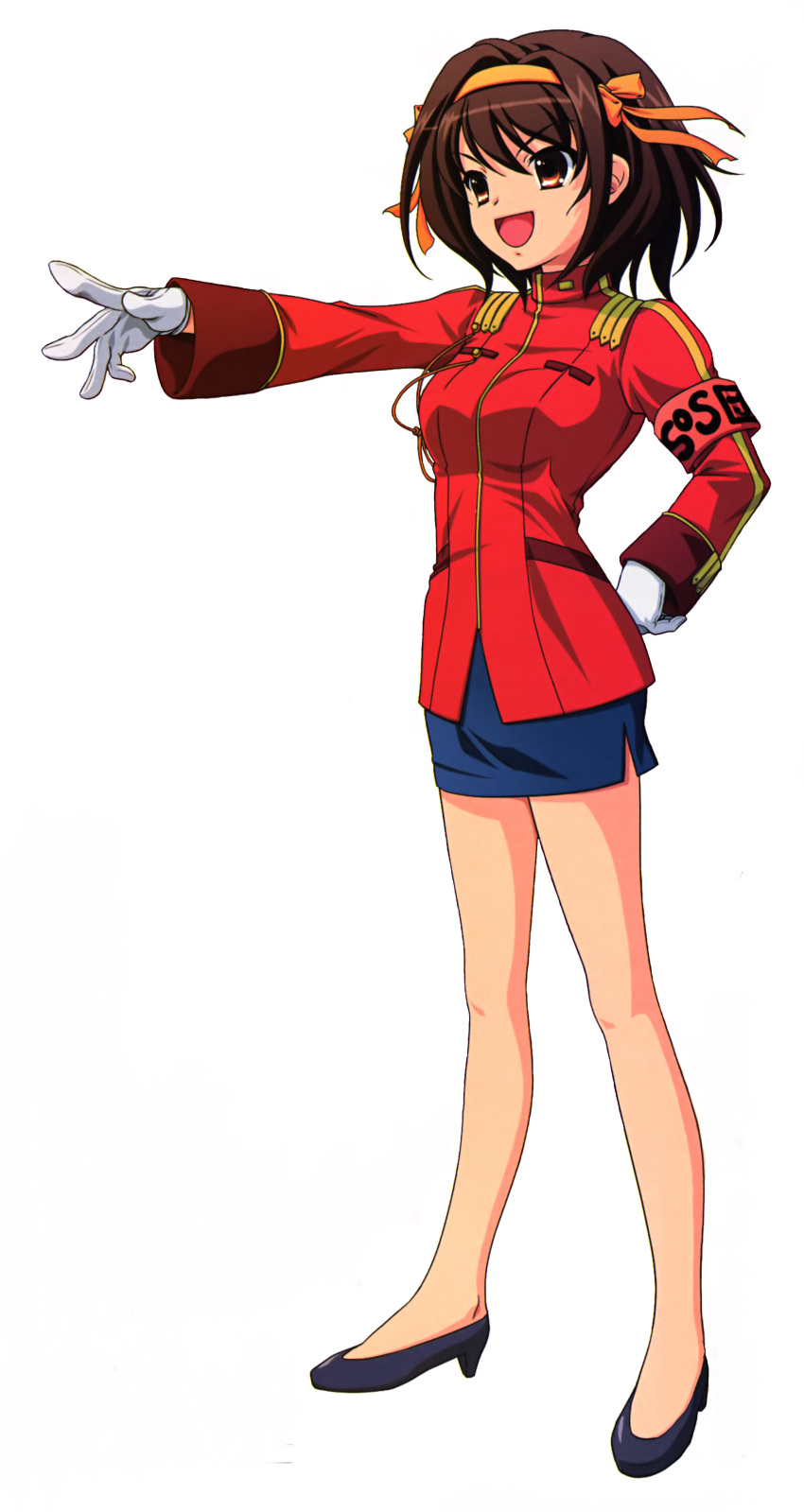 aiguillette, brown_hair, gloves, hairband, high_heels, highres, military, military_uniform, shoes, simple_background, skirt, suzumiya_haruhi, suzumiya_haruhi_no_yuuutsu, the_day_of_sagittarius, uniform, white_gloves