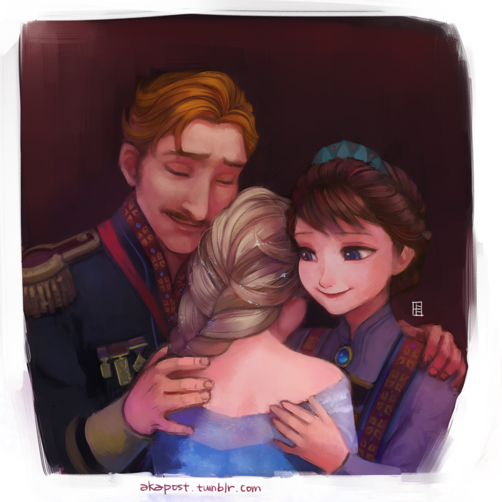 1boy, 2girls, a-ka, agdar_(frozen), blonde_hair, braid, brown_hair, closed_eyes