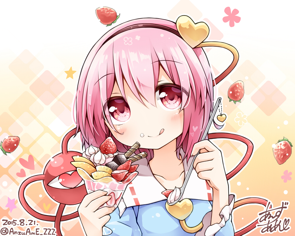 1girl, blush, clown_222, collarbone, food, food_on_face, fruit, hair_ornament