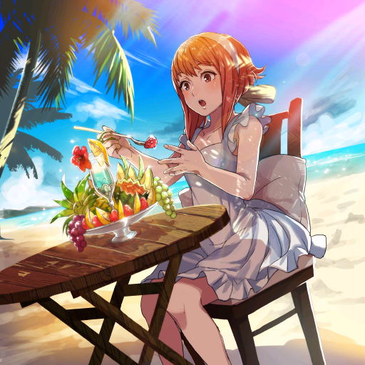 1girl, beach, blush, chair, clouds, cushion, dress, dutch_angle