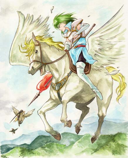 1girl, agahari, armor, boots, fire_emblem, fire_emblem:_thracia_776, gloves, green_eyes, green_hair, lance, misha_(fire_emblem), open_mouth, pegasus, pegasus_knight, polearm, solo, weapon