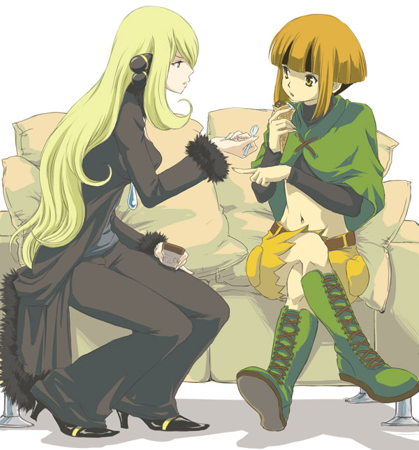 blonde_hair, boots, brown_hair, coat, couch, crossed_legs, food, gym_leader