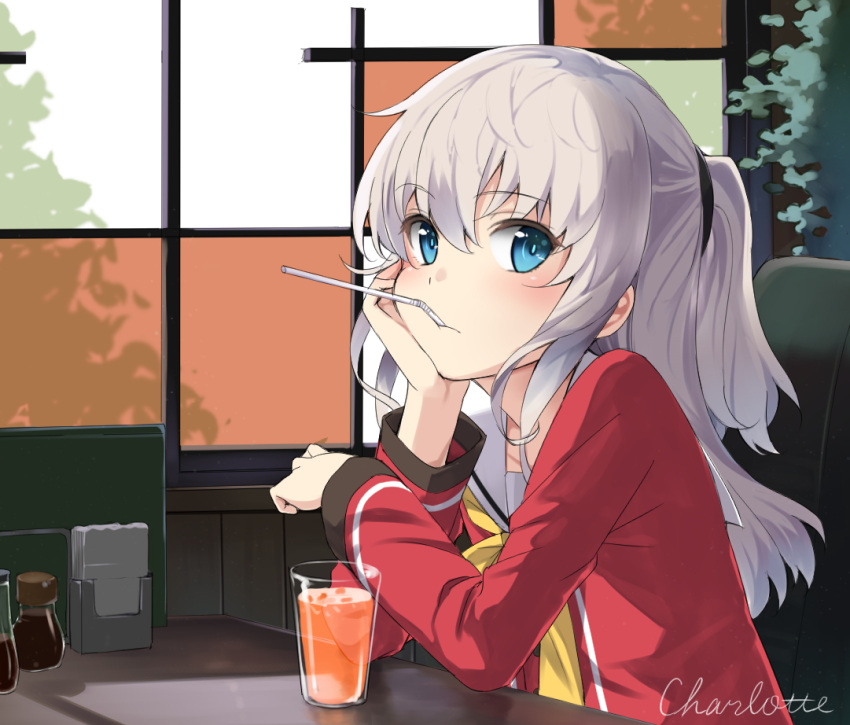 1girl, blue_eyes, blush, charlotte_(anime), cup, drink, drinking_straw, long_hair, looking_at_viewer, max_melon_teitoku, mouth_hold, school_uniform, serafuku, silver_hair, sitting, solo, tomori_nao, twintails, two_side_up