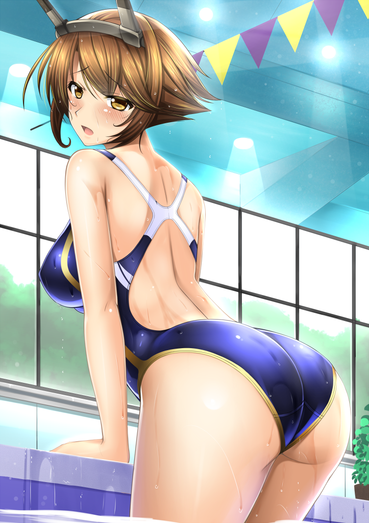1girl, ass, back, bare_shoulders, blush, breasts, brown_eyes, brown_hair