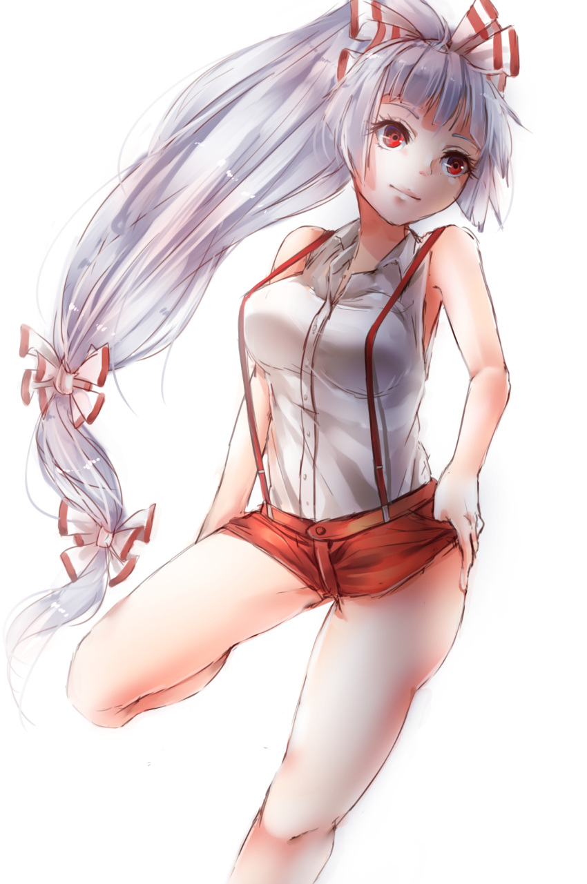 1girl, adapted_costume, alternate_hairstyle, bare_arms, bare_shoulders, bow, fujiwara_no_mokou, hair_bow