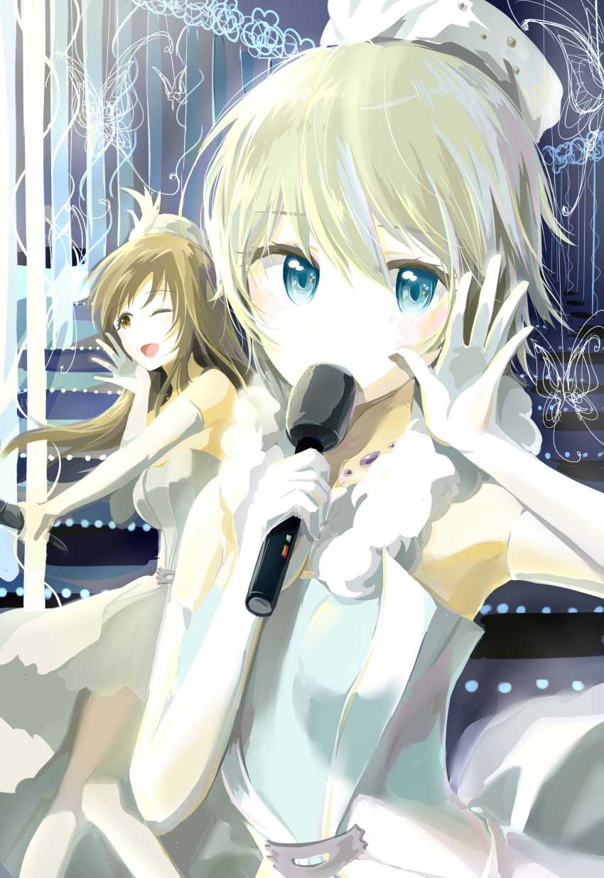 2girls, absurdres, anastasia_(idolmaster), blue_eyes, brown_eyes, brown_hair, dress, elbow_gloves