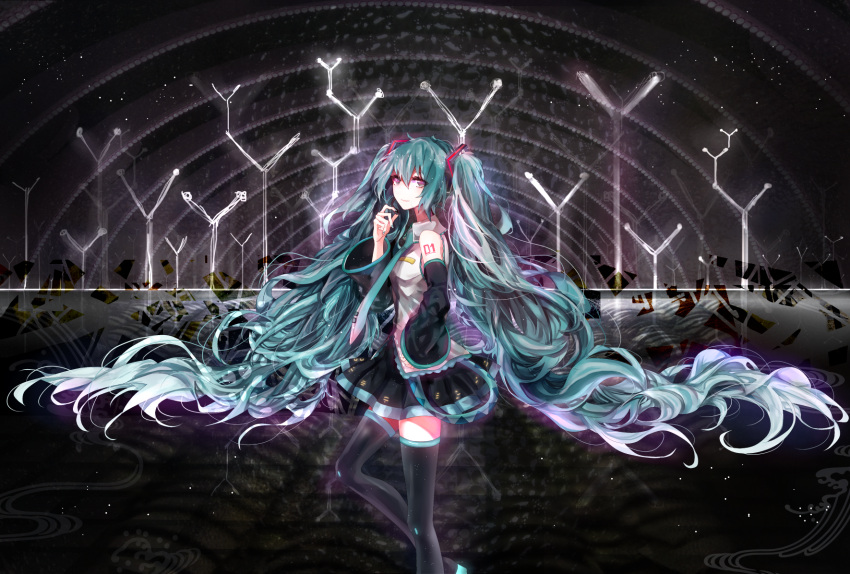 1girl, aqua_hair, detached_sleeves, hatsune_miku, highres, long_hair, nadinehuifu, necktie