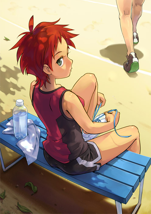 bench, bottle, breasts, fujisaki_mana, green_hair, knee_pit, kneepits, laces, minawa, onegai_my_melody, red_hair, redhead, shade, short_hair, sideboob, sitting, tennis_shoes, towel, tying, tying_shoelaces, water_bottle