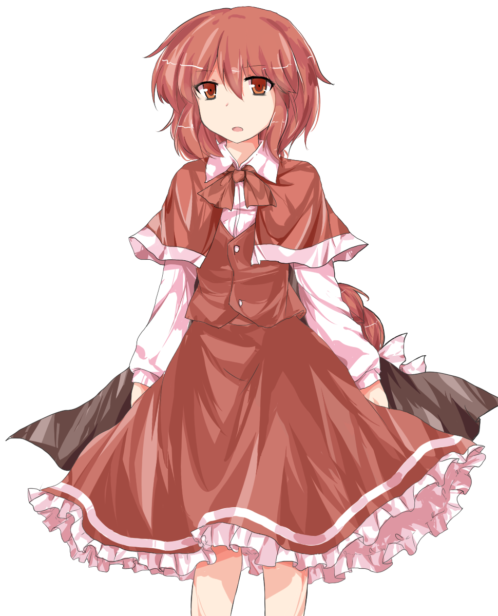 1girl, :o, cape, capelet, cowboy_shot, frilled_skirt, frills, highres, jubctybn, long_sleeves, okazaki_yumemi, open_mouth, ponytail, red_eyes, redhead, ribbon, short_hair, simple_background, skirt, skirt_set, solo, standing, touhou, touhou_(pc-98), vest, white_background