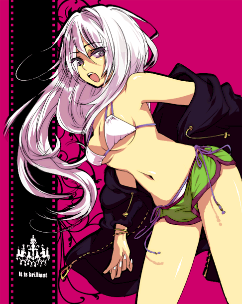 bent_over, bikini, bracelet, inko_(artist), inko_(mini), jacket, jewelry, long_hair