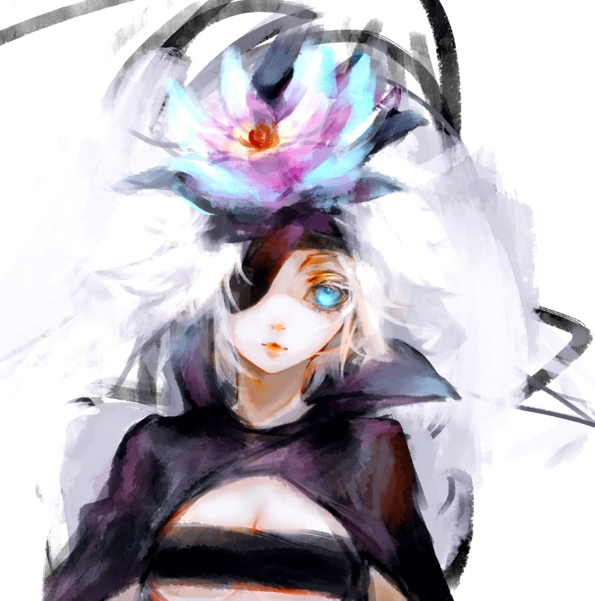 1girl, blue_eyes, cape, eyepatch, flower, fremy_speeddraw, hair_flower, hair_ornament, hairband, highres, rokka_no_yuusha, short_hair, solo, white_hair, wstooo