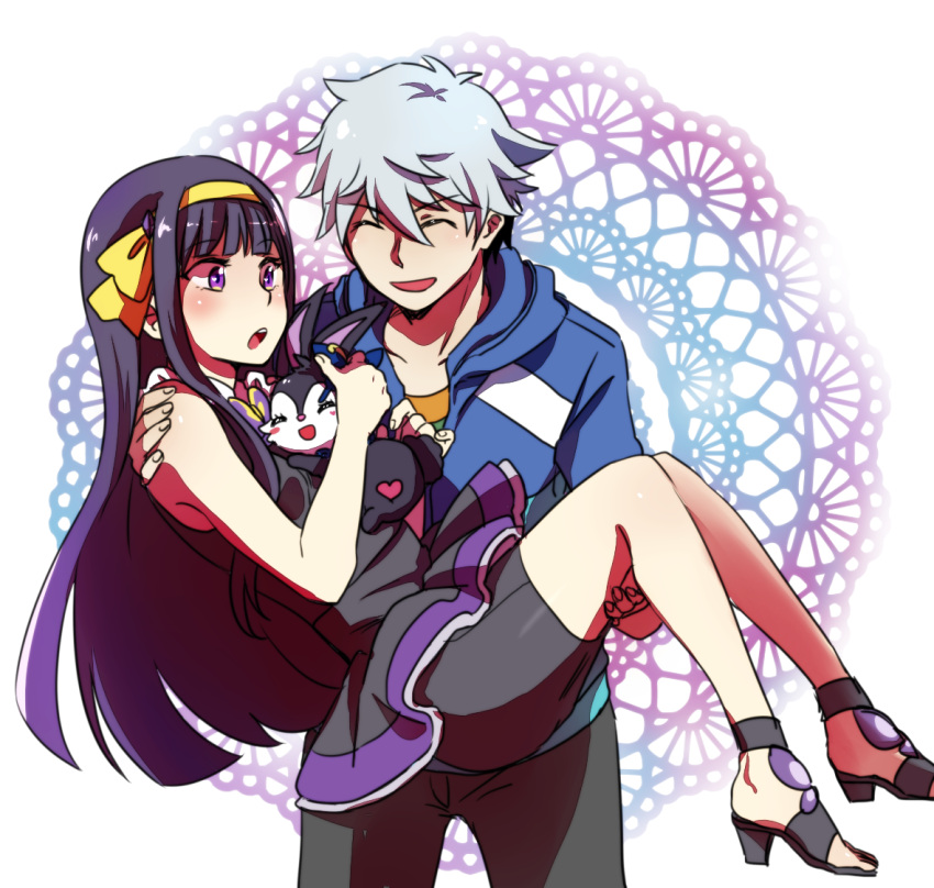 1boy, 1girl, blue_hair, carrying, closed_eyes, hairband, jewelpet_(series), lady_jewelpet, lilian_(lady_jewelpet), long_hair, luea_(jewelpet), mimo_(amimo0805), miura_(jewelpet), princess_carry, purple_hair, short_hair, smile, violet_eyes