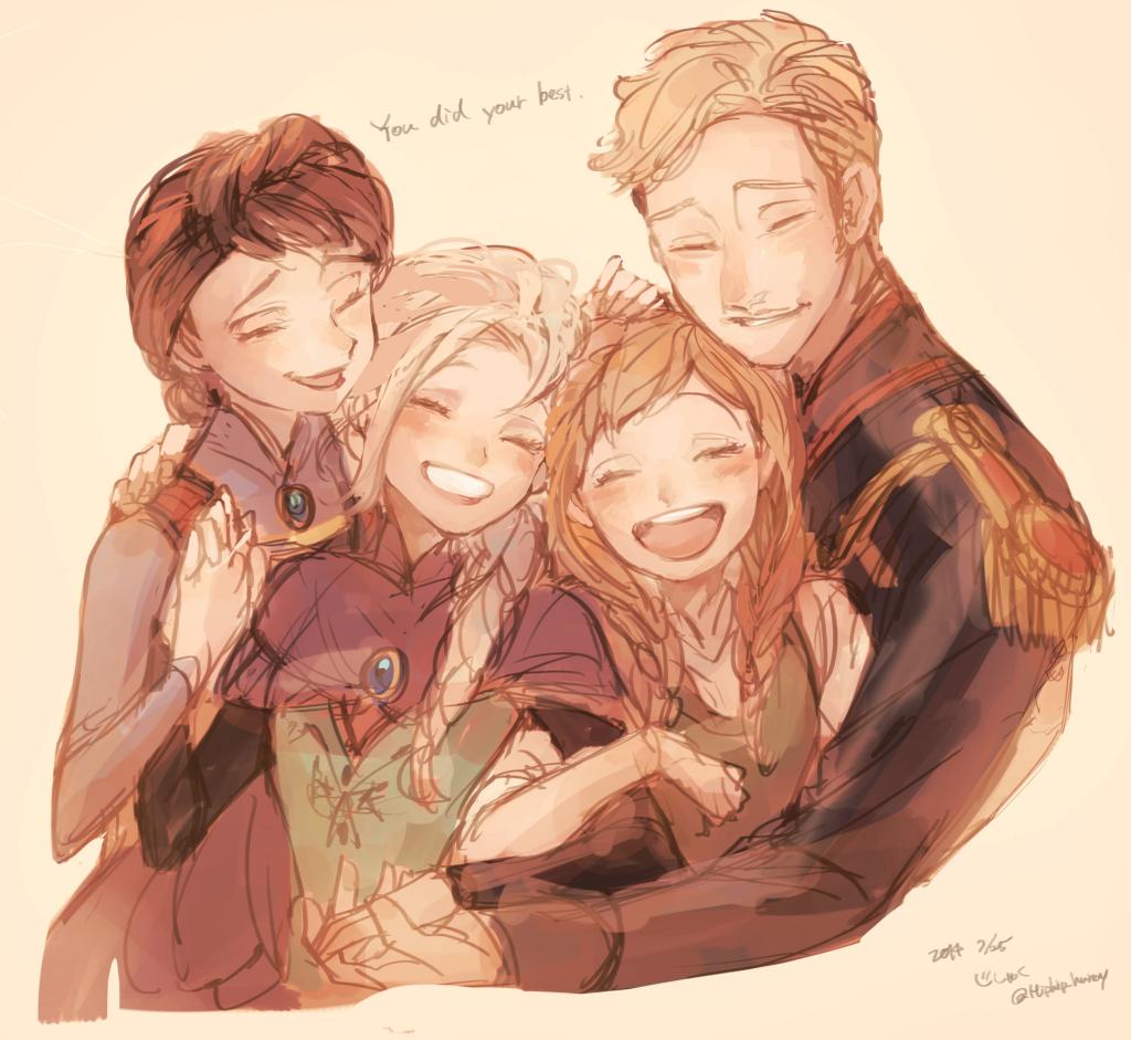 1boy, 3girls, agdar_(frozen), anna_(frozen), blonde_hair, braid, brown_hair, elsa_(frozen), family, father_and_daughter, frozen_(disney), happy, hug, idunn_(frozen), mother_and_daughter, multiple_girls, panbukin, siblings, sisters, smile