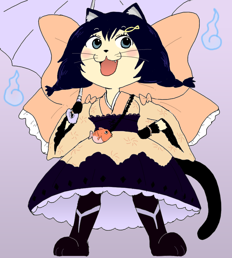 1girl, animal_ears, cat_ears, cat_tail, duel_monster, fish, ghostrick_nekomusume, gloves
