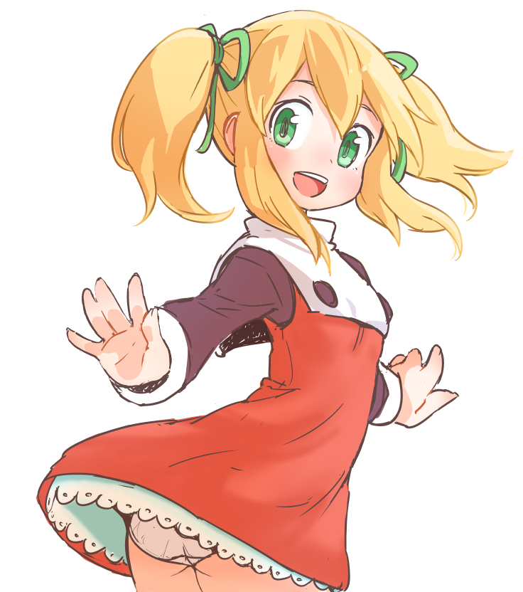 1girl, alternate_hairstyle, blonde_hair, bow, dress, green_eyes, looking_at_viewer, looking_back