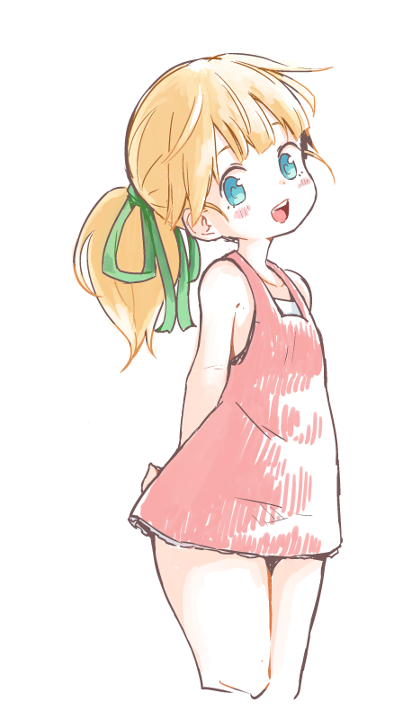 1girl, blonde_hair, blue_eyes, blush, bow, dress, flat_chest, looking_at_viewer