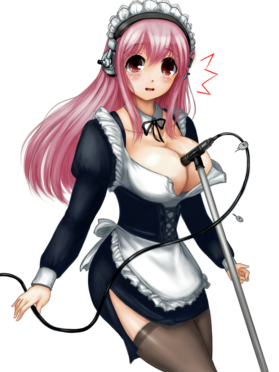 1girl, breasts, buttons, cleavage, detached_collar, headphones, highres, large_breasts