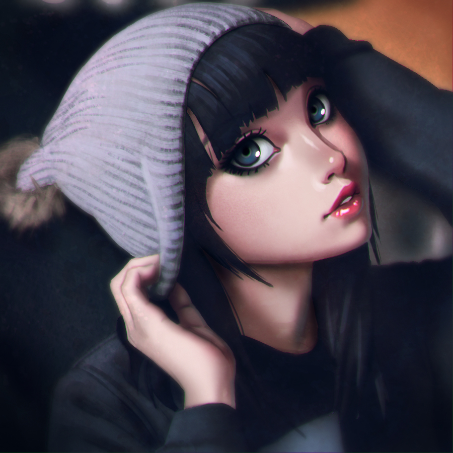 1girl, beanie, black_eyes, black_hair, face, hat, ilya_kuvshinov_(style), lips